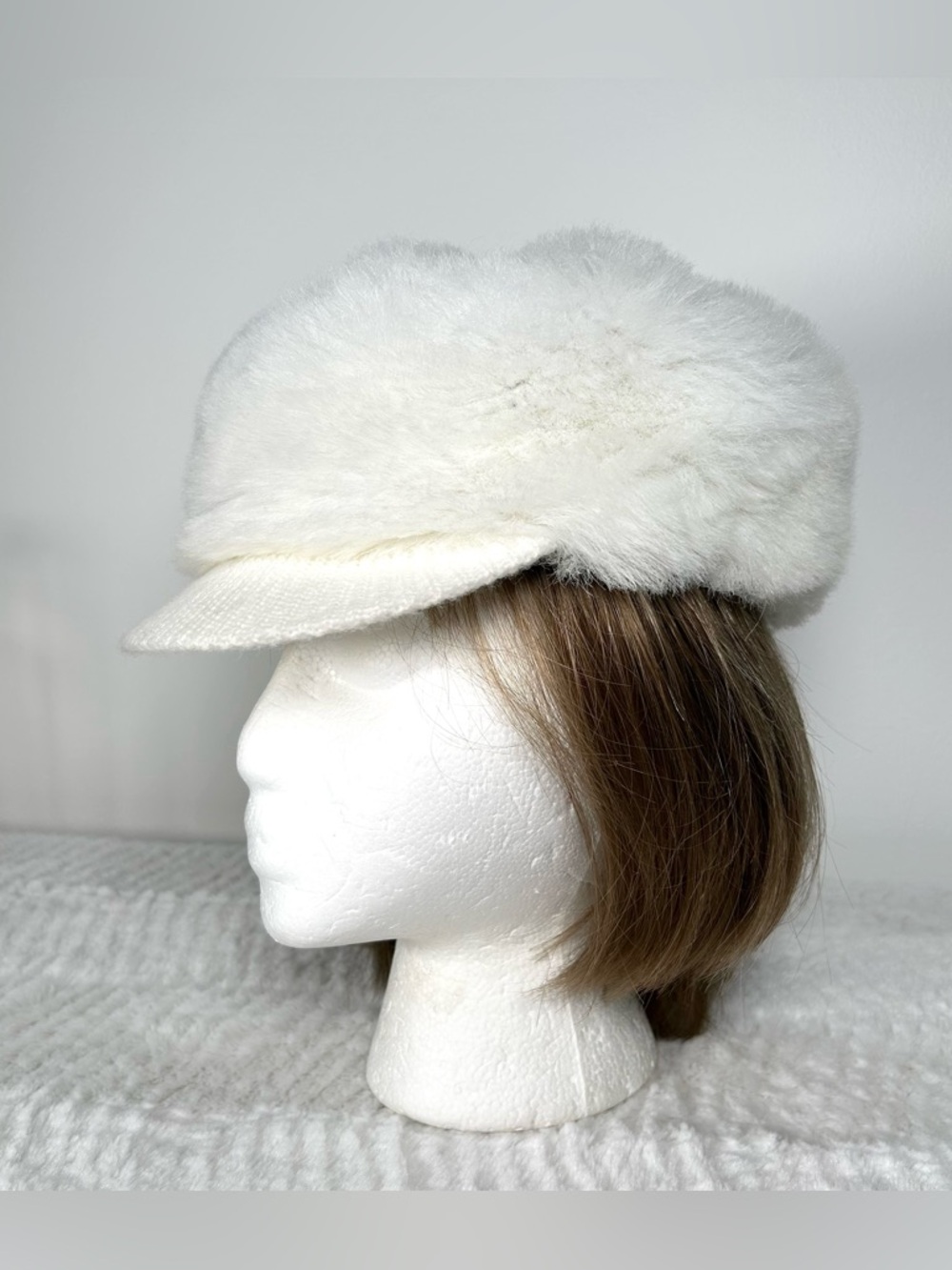 White Faux Fur Newsboy cap White Knit Brim NWOT